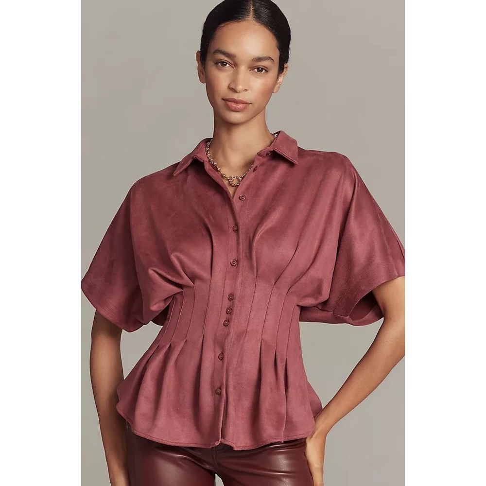 Anthropologie Exquise The Tobie Pleated Blouse Short-Sleeve Faux Suede Large